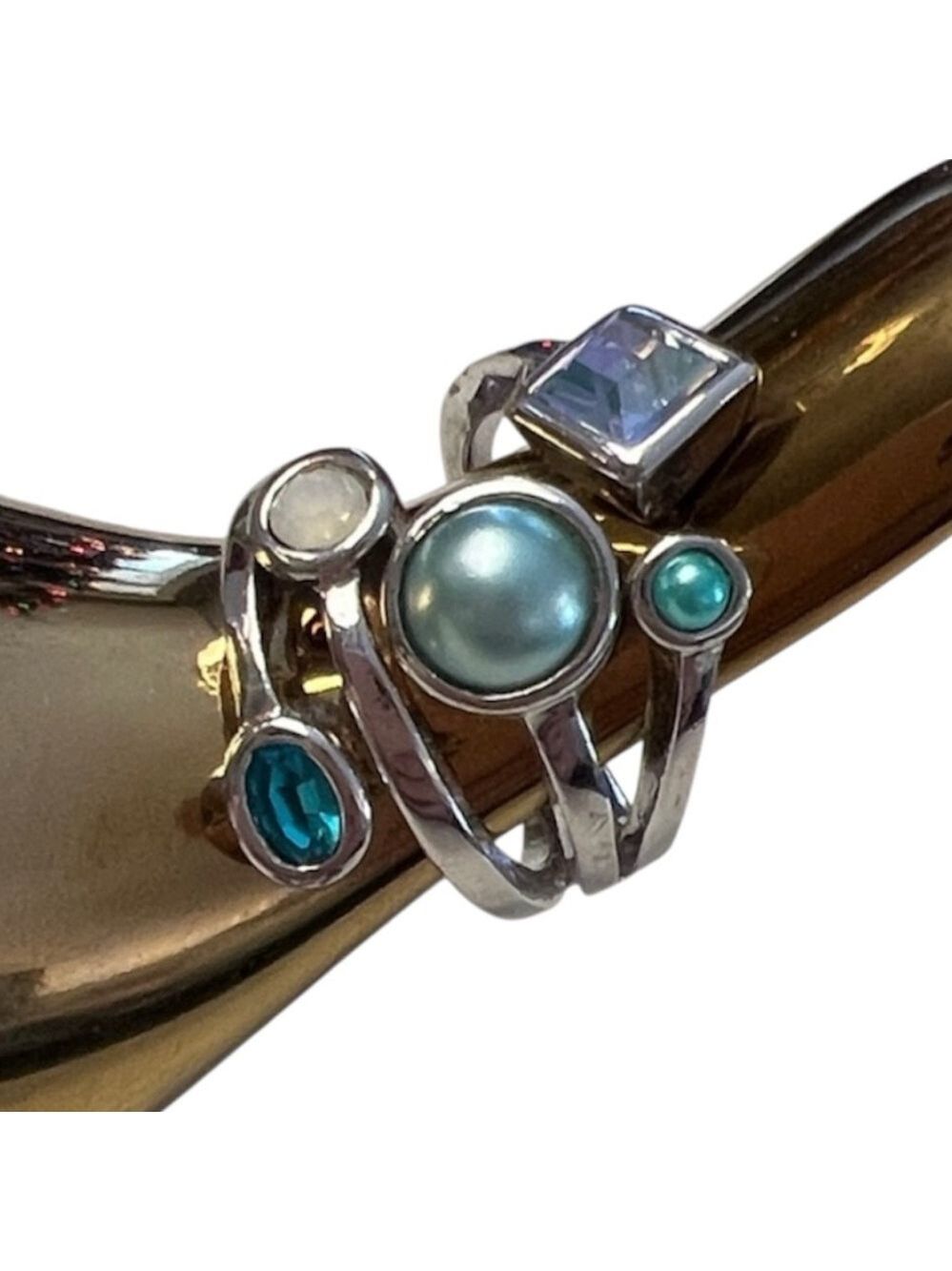 Lia Sophia Comet Ring Silver Tone with Teal White Blue & Green Stones Size 8